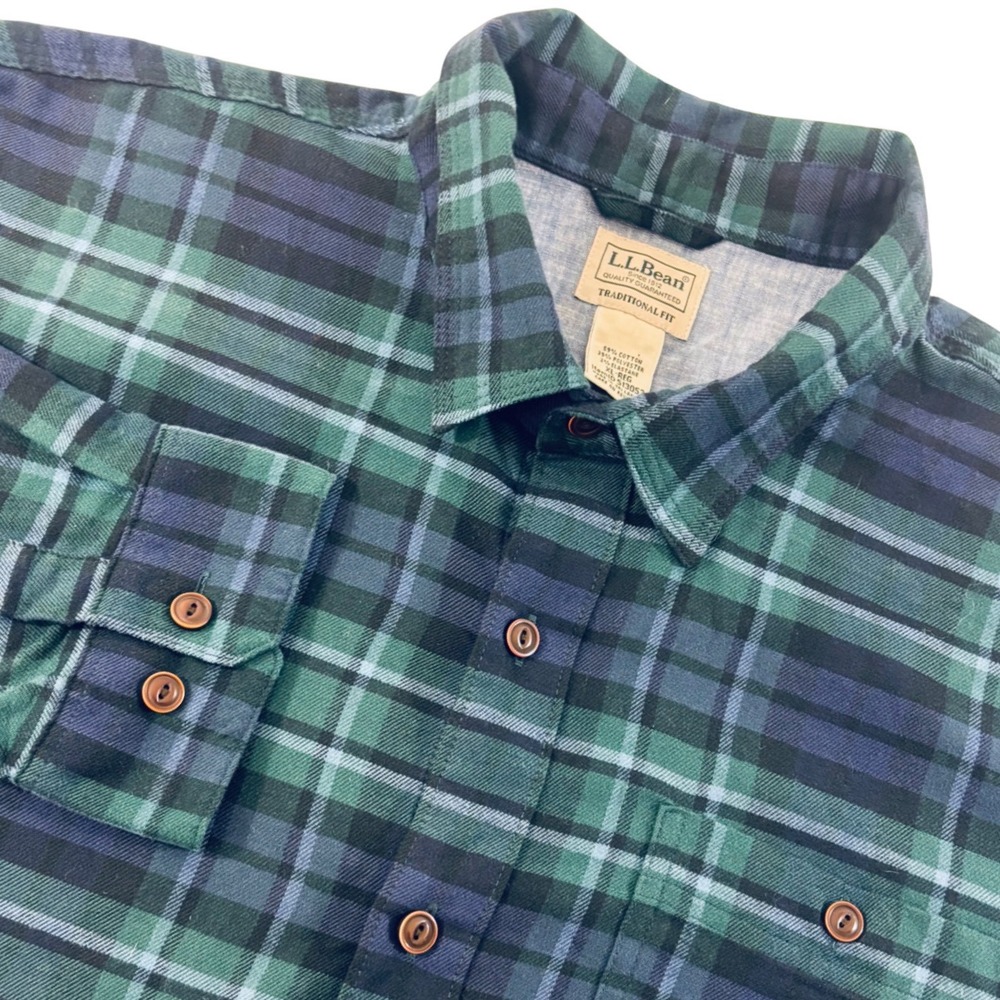 LL Bean All Season Flannel Shirt Blue Green‎ Button Up Shirt Men's Sz X-Large